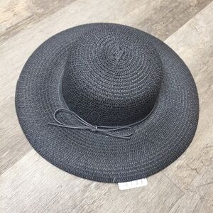 Black Woven Sun Hat with Bow Accent